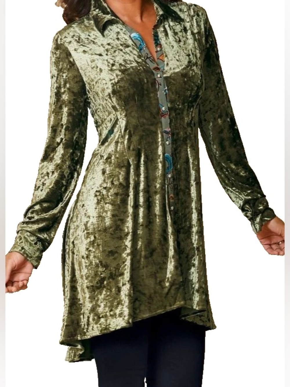 Crushed Velvet Button-Front Olive Tunic